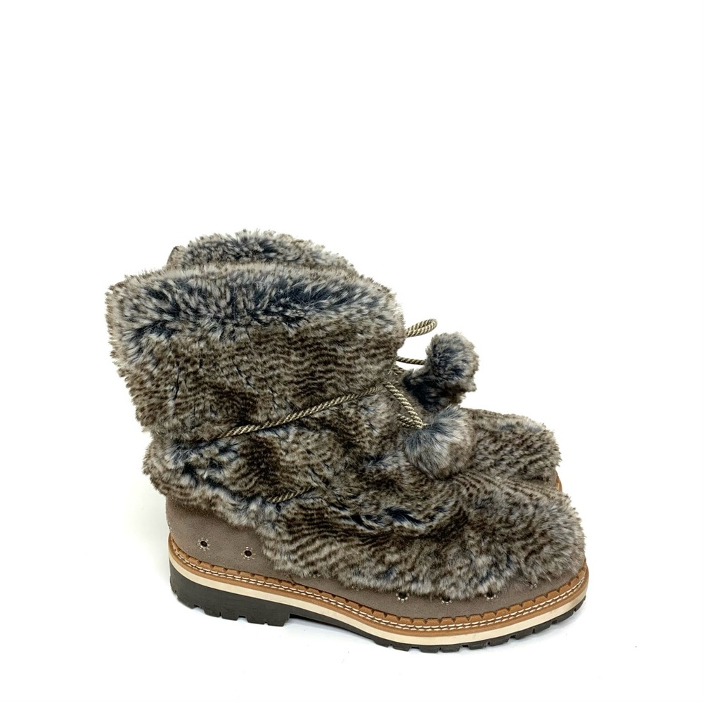 Sam Edelman Blanche Leather Upper Taupe Brown Boots Pom Pom Ties Gray Faux Fur